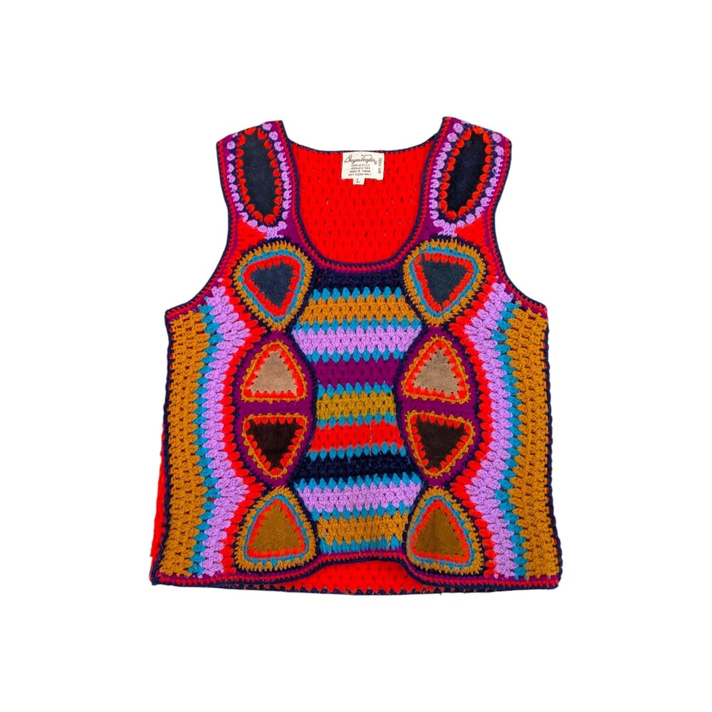 Vintage 70s Dayne Taylor Crochet Granny Square Tank Top Suede Patches Boho L - Picture 1 of 8